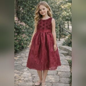 Cherekee Girls Burgundy Zipper Back Dress Bow & Rose Detailing, size 6